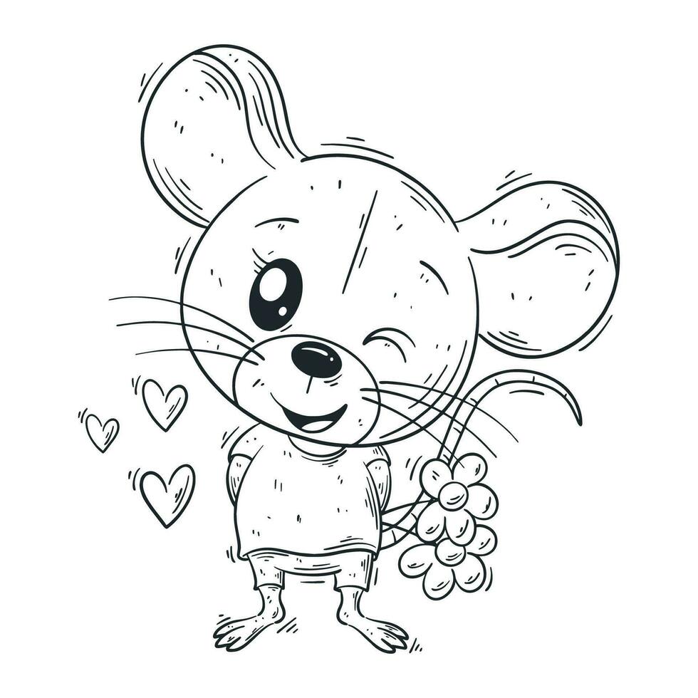 Cute mouse brings flowers for coloring vector