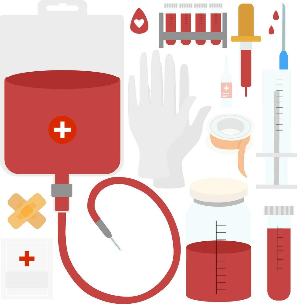 vector acortar Arte con sangre transfusión bolsa, jeringuilla, prueba tubos, guantes y yesos