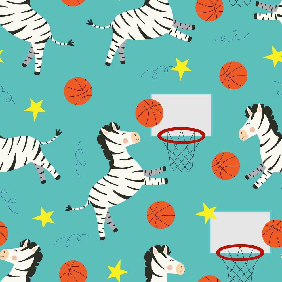 Vector seamless pattern with zebras playing basketball in cartoon style