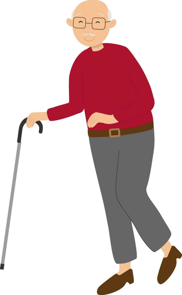 Vector illustration of old man with walking cane in cartoon style. Vector grandfather character