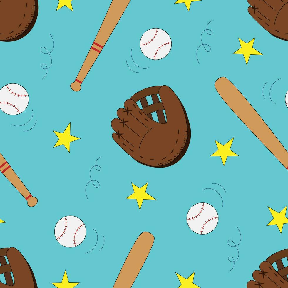 Vector seamless pattern with baseball gloves, bats and balls in cartoon style