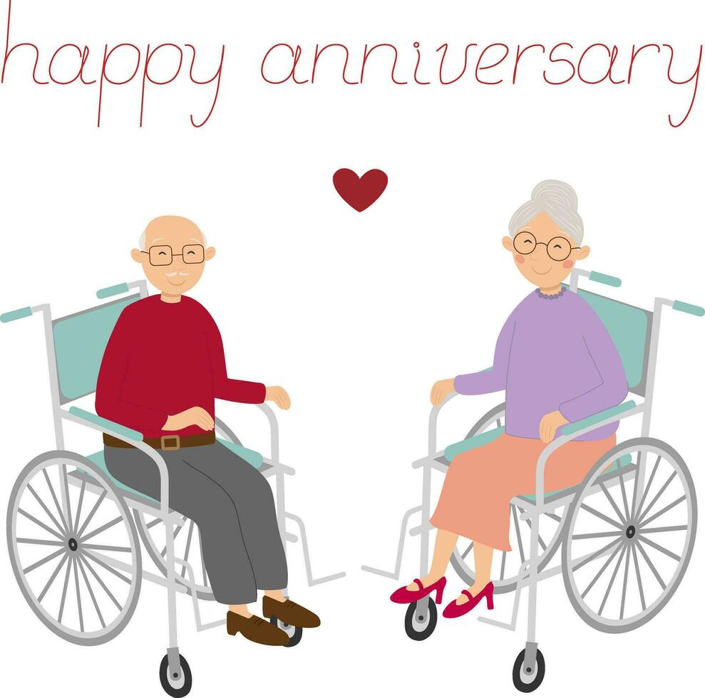 Vector illustration of old woman and man in wheelchairs in cartoon style. Happy anniversary greeting card with elderly couple in wheelchairs