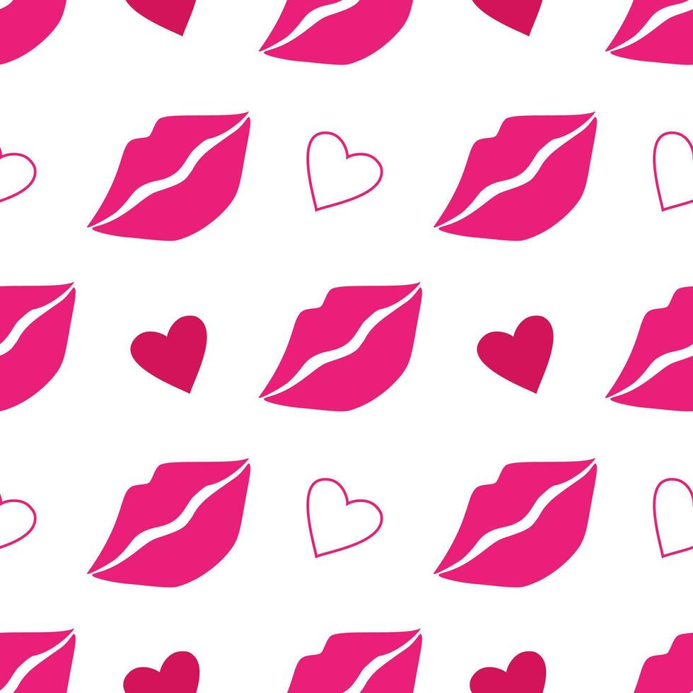 Vector seamless pattern with pink lips and hearts in cartoon style. Valentine day background with kisses and hearts