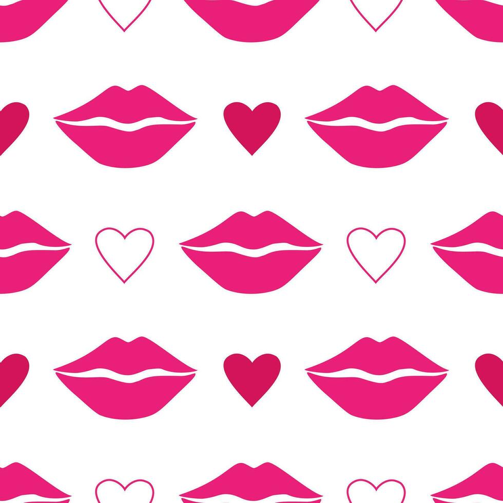 Vector seamless pattern with pink lips and hearts in cartoon style. Valentine day background with kisses and hearts