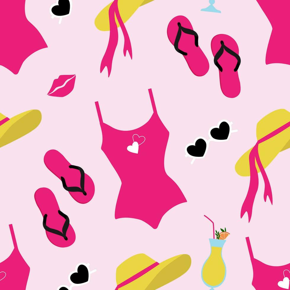 Vector seamless pattern with woman beach accessories in cartoon style. Vector retro bikini background