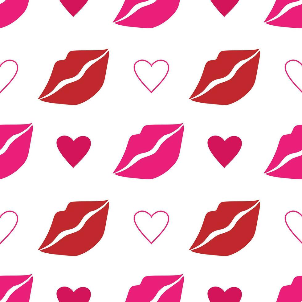 Vector seamless pattern with pink lips and hearts in cartoon style. Valentine day background with kisses and hearts