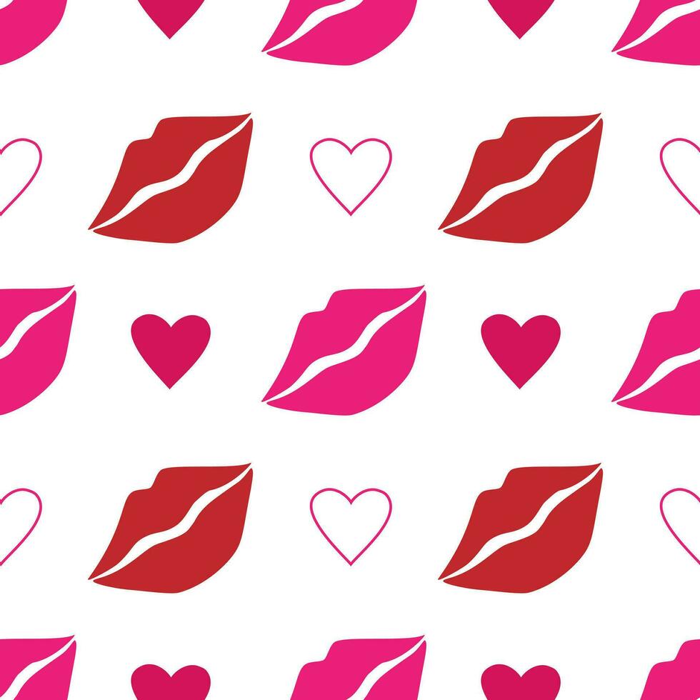 Vector seamless pattern with pink lips and hearts in cartoon style. Valentine day background with kisses and hearts