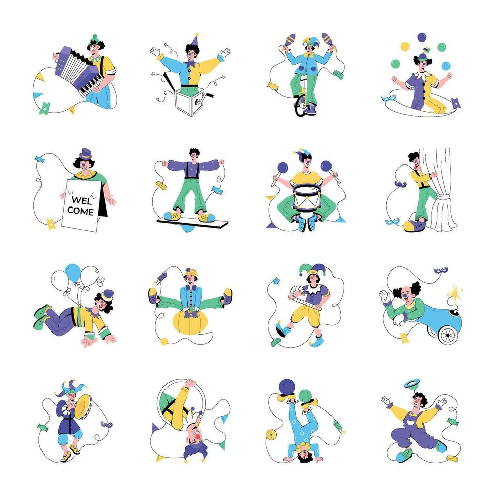 Set of Clown Characters Flat Illustrations vector