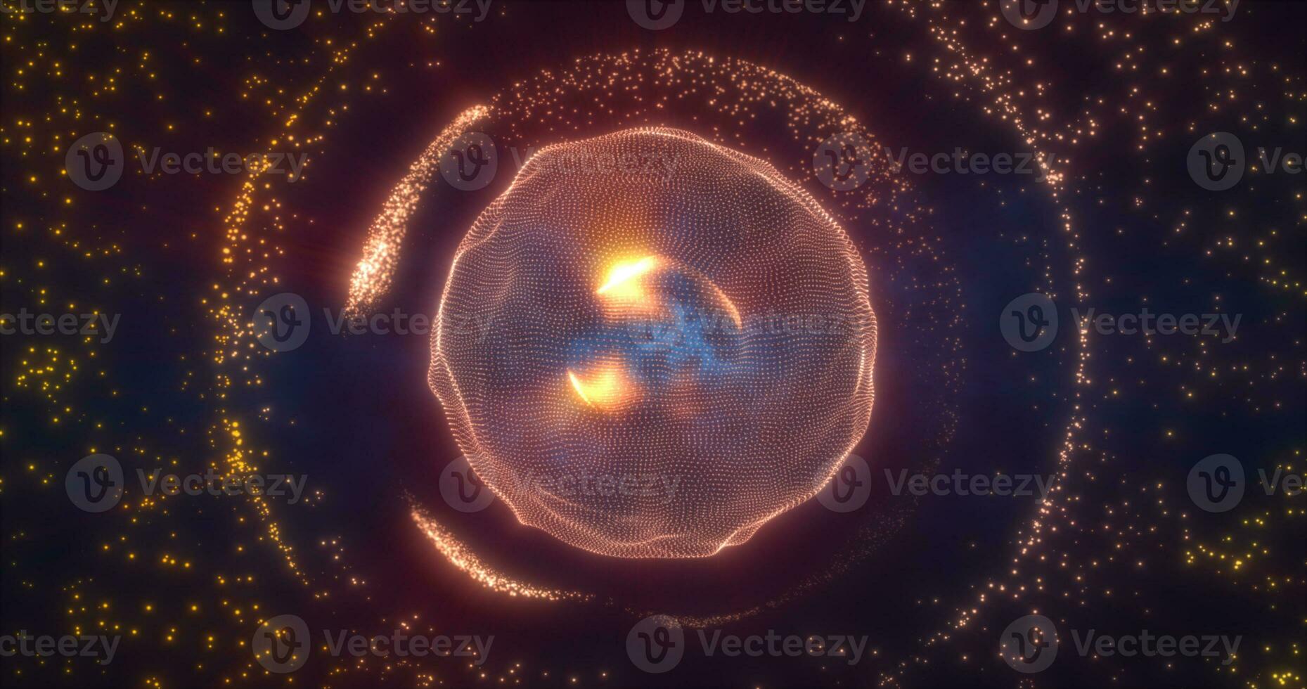 Abstract orange energy sphere from particles and waves of magical glowing on a dark background photo