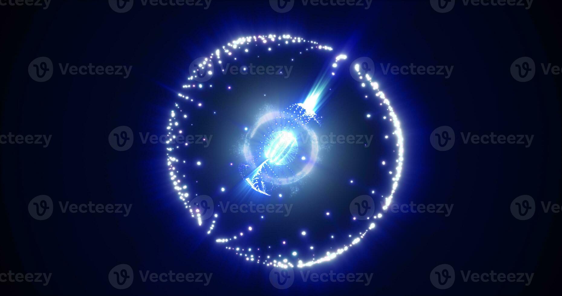 Abstract energy sphere with flying glowing bright blue particles, science futuristic atom with electrons hi-tech background photo