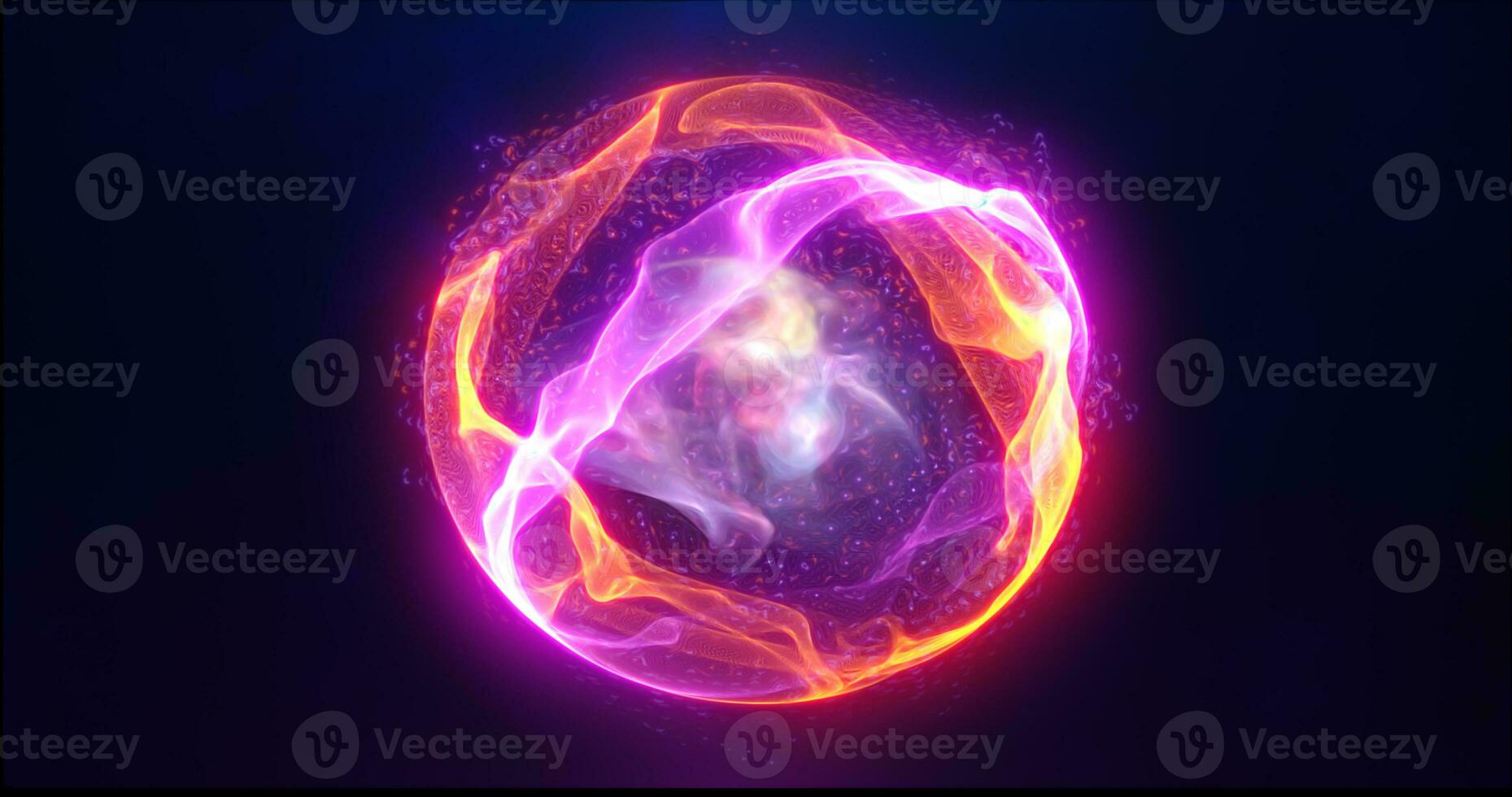 Orange energy sphere with glowing bright particles, atom with electrons and elektric magic field scientific futuristic hi-tech abstract background photo