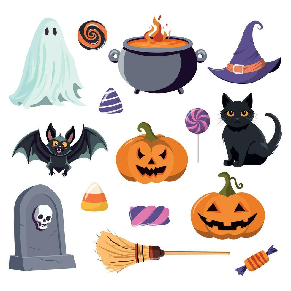 Happy Halloween day element. Cute vector collection of spooky ghost, pumpkin, bat, candy, cat, grave. Cartoon Halloween festival elements for decoration, prints.