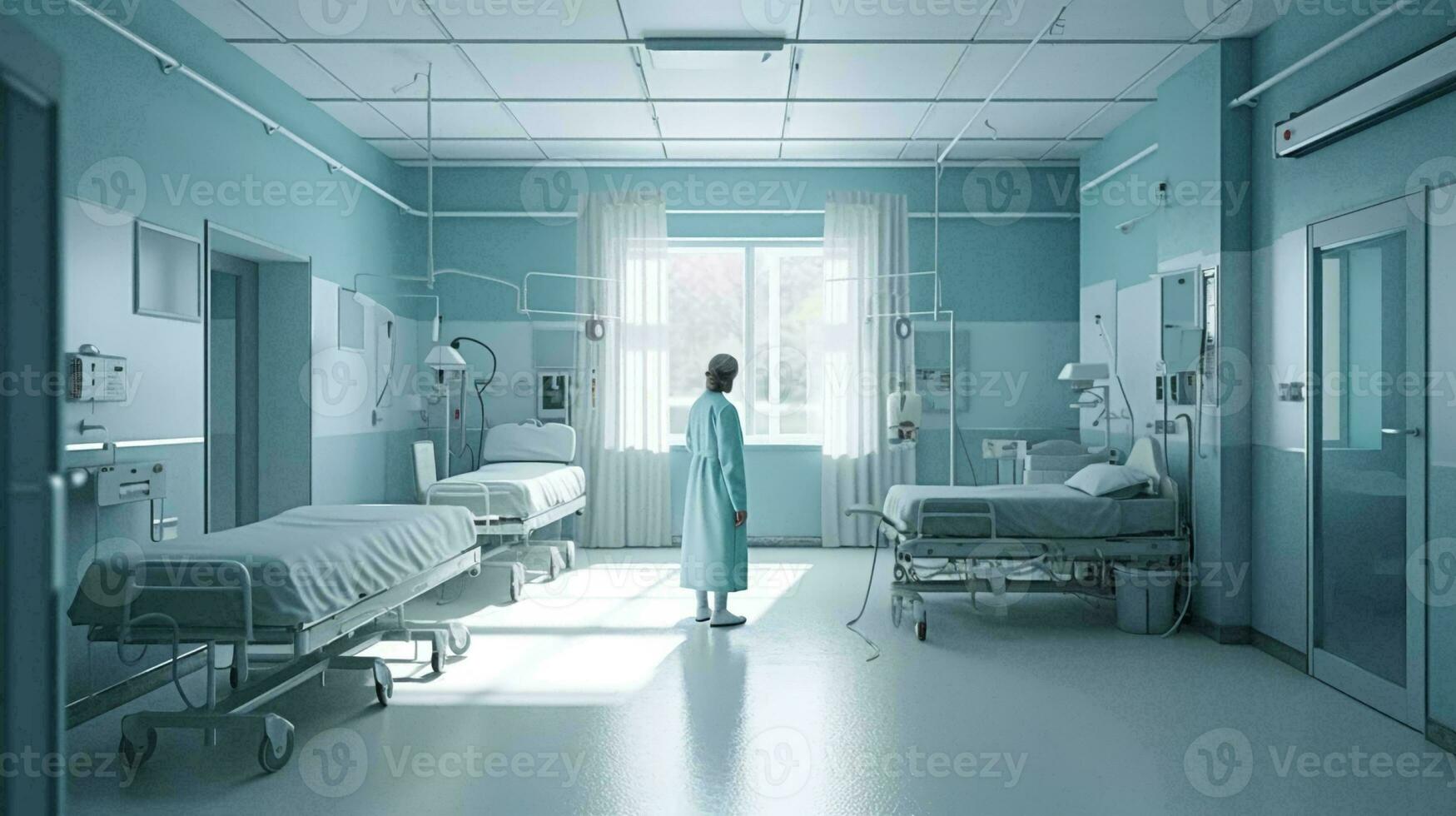 Doctor medical worker stands in the corridor in the hospital medical facility view from the back. AI generated photo