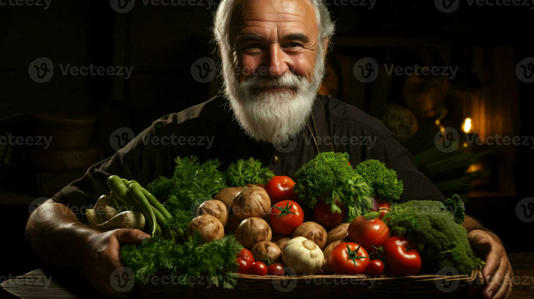 A male farmer holds a box of fresh farm vegetables in his hands photo