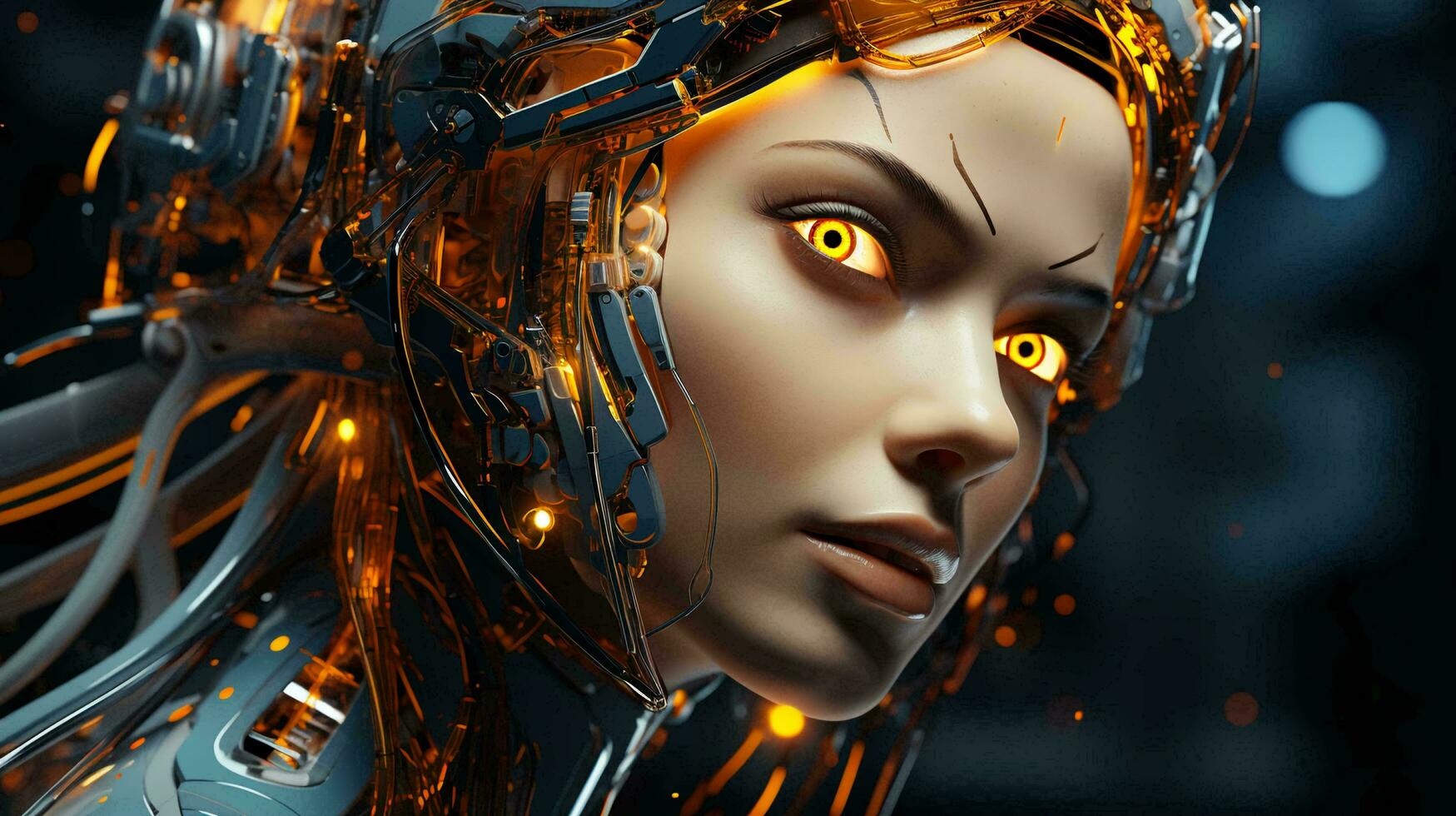 Connection of human woman and artificial intelligence robot. The concept of merging a person and a computer with neural networks in the future. AI generated photo