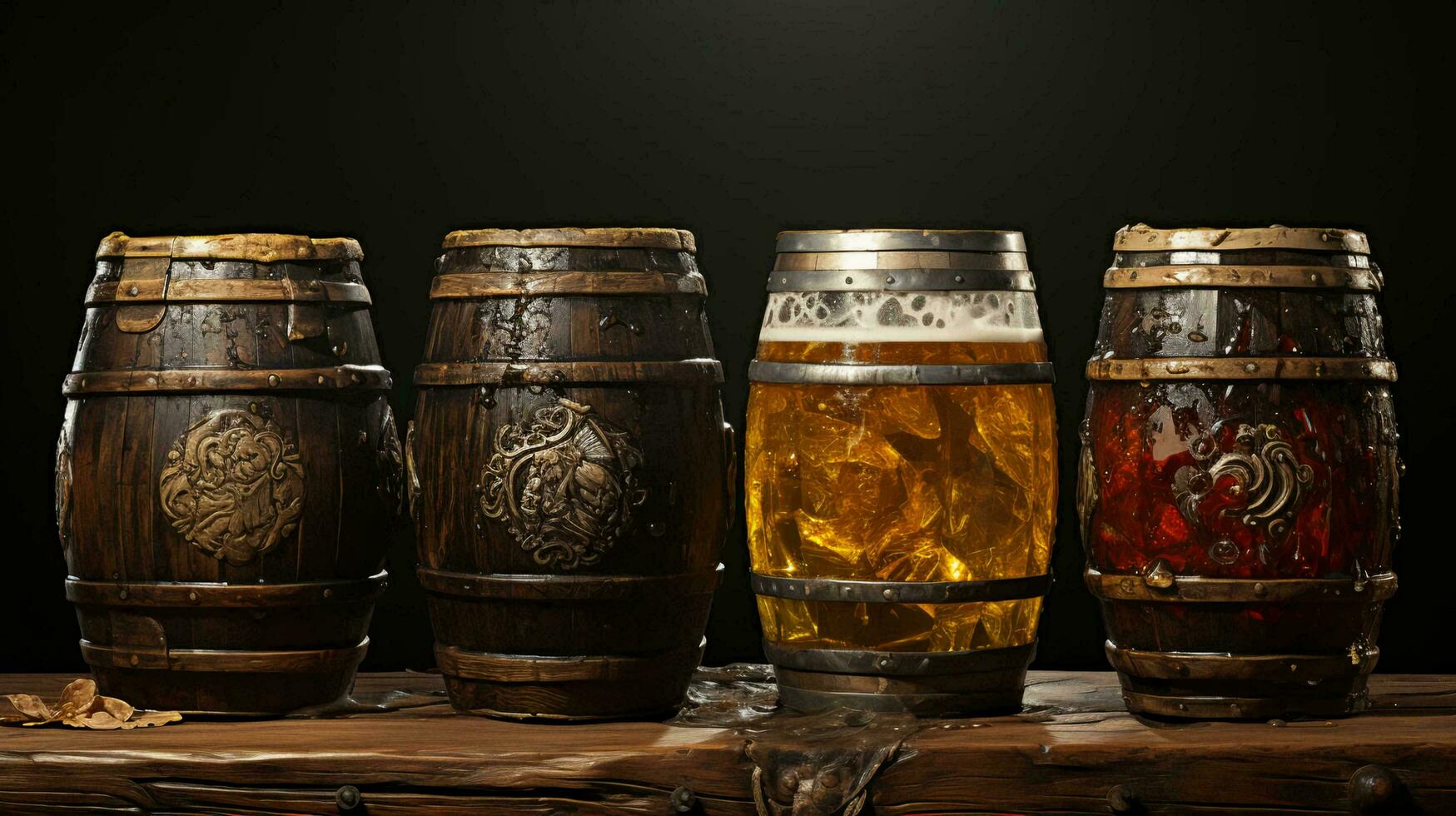 Wooden oak barrels with beer and wine in a wine cellar photo