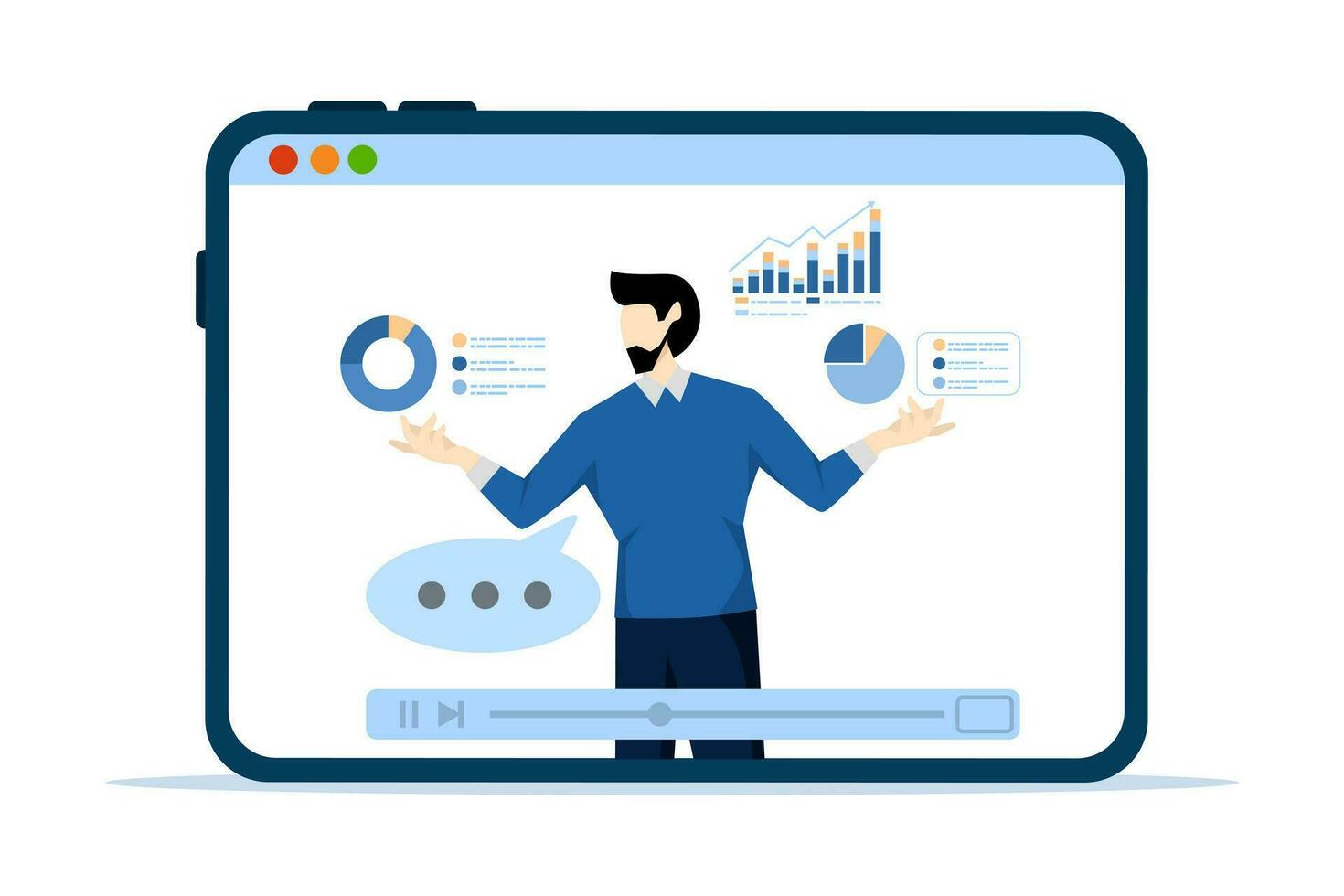 Explanatory video tutorials or online training courses, expertise explaining online business strategy, educational films or videos, entrepreneur expert explaining business pie chart in video interface vector