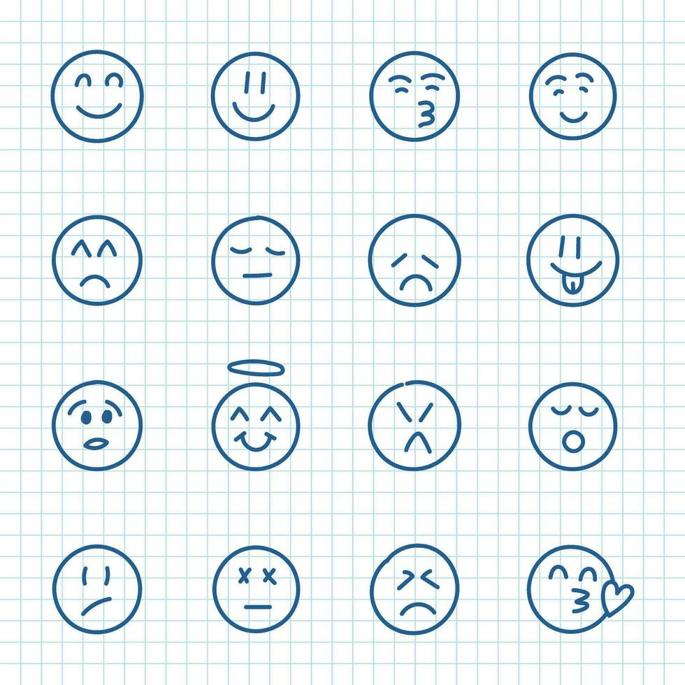 emojis caras icono en mano dibujado estilo. esquivar emoticones vector ilustración en aislado antecedentes. contento y triste cara firmar negocio concepto.