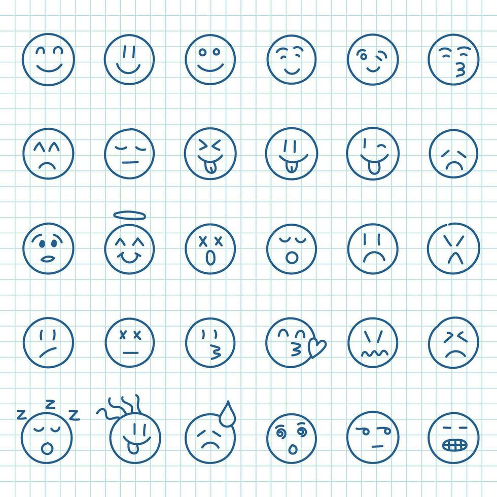 emojis caras icono en mano dibujado estilo. esquivar emoticones vector ilustración en aislado antecedentes. contento y triste cara firmar negocio concepto.