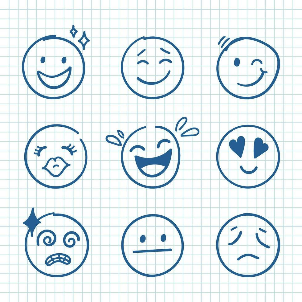 Emojis faces icon in hand drawn style. Doddle emoticons vector illustration on isolated background. Happy and sad face sign business concept.