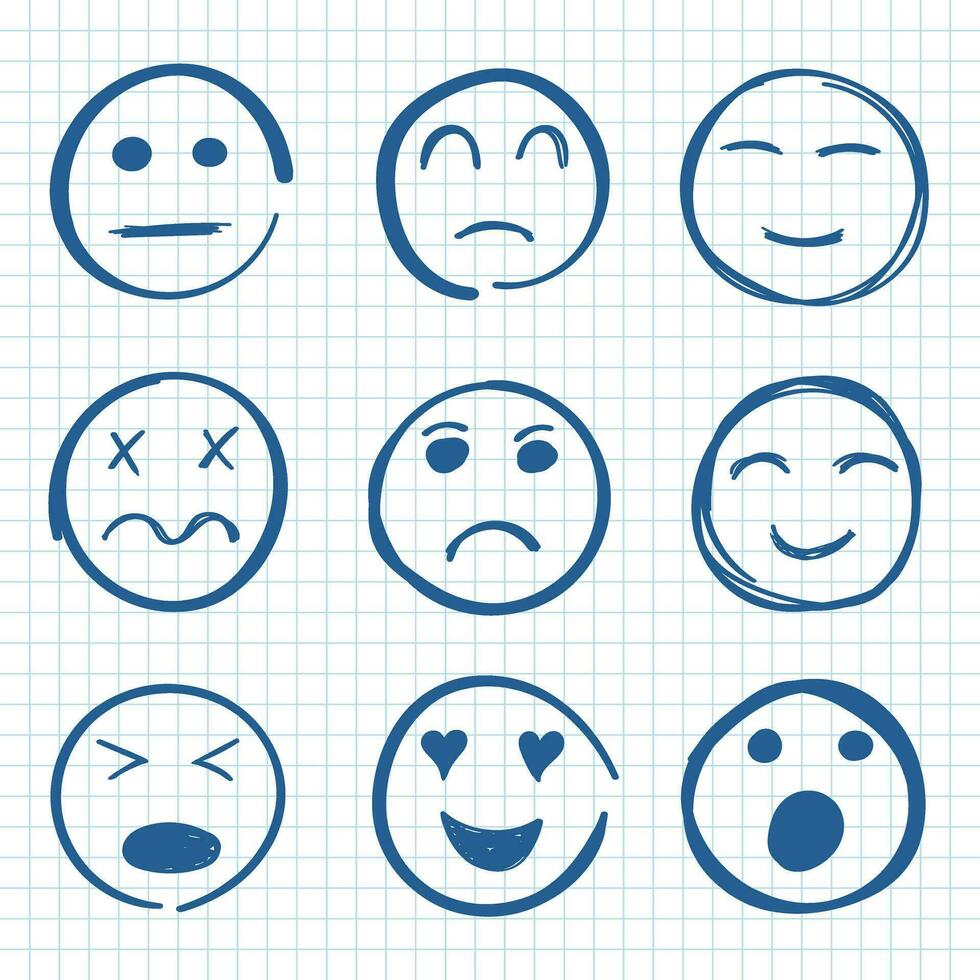 emojis caras icono en mano dibujado estilo. esquivar emoticones vector ilustración en aislado antecedentes. contento y triste cara firmar negocio concepto.