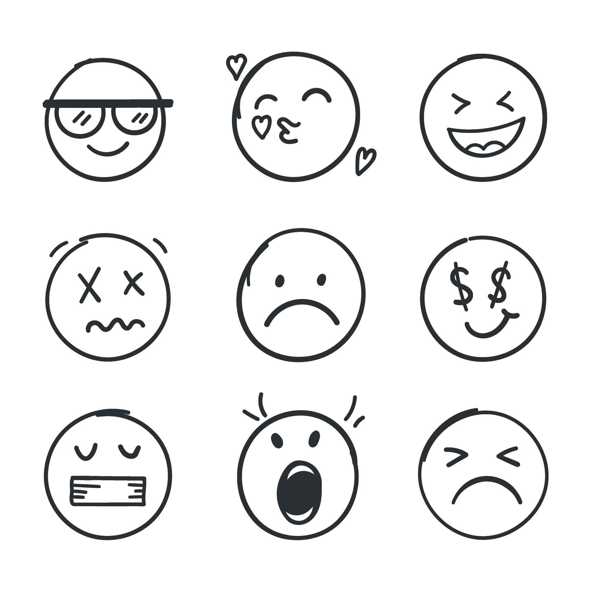 Emojis faces icon in hand drawn style. Doddle emoticons vector ...