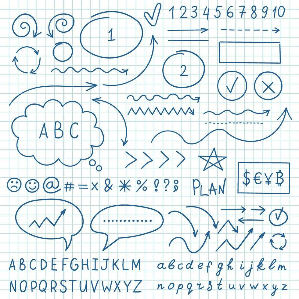 Arrow circles and abstract doodle icon in hand drawn style. Number vector illustration on isolated background. Letters, arrows sign business concept.