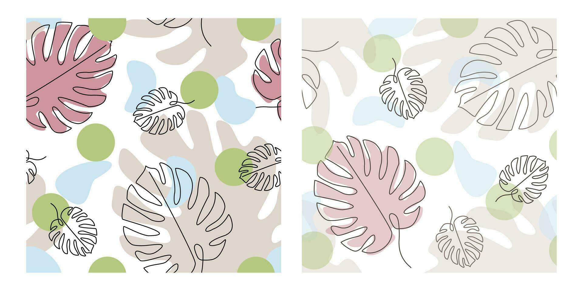 Set of Monstera color seamless pattern. Vector repeat Floral background with Tropical leaves. Line art Hand drawn Botanical illustration for Fabric, Banner, Wrapping paper, Cover.