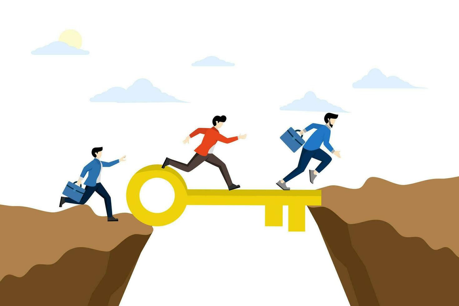 key concepts to success, problem solving solutions and obstacles, connecting bridges to help achieve success, completion or settlement methods, business people tread the key to success across the gap. vector