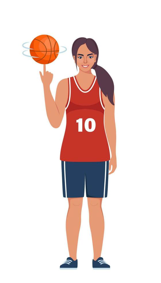 contento mujer baloncesto jugador en uniforme con pelota aislado en blanco antecedentes. vector ilustración.