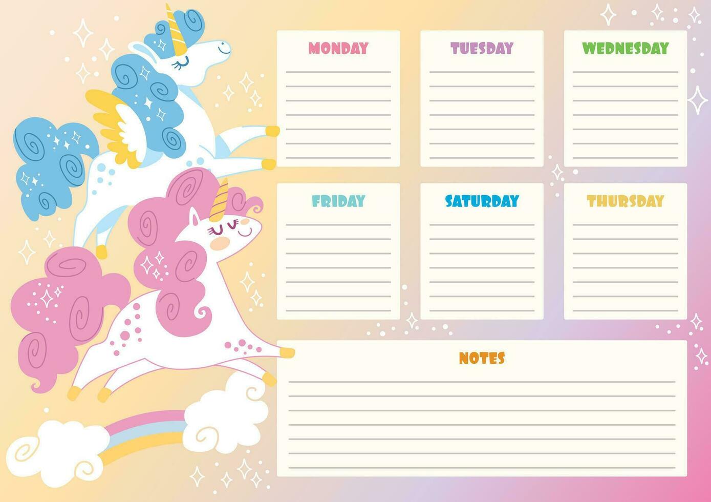 Printable cute unicorn rainbow weekly planner vector 2