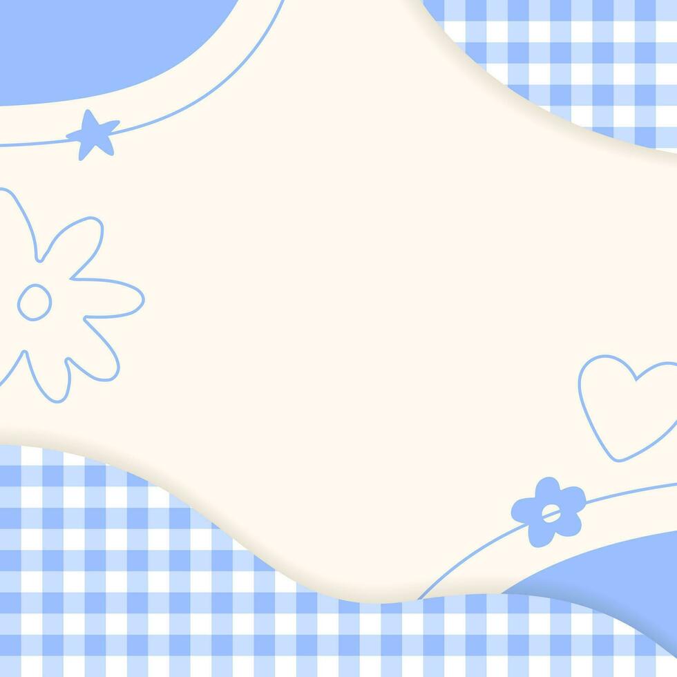 Cute Pastel Blue Plaid Gingham Check Checkered with Heart Flower Star. Square Post Banner Template Frame Border Memo Sticky note Paper Background. Blank Note Copy Space Vector Illustration.