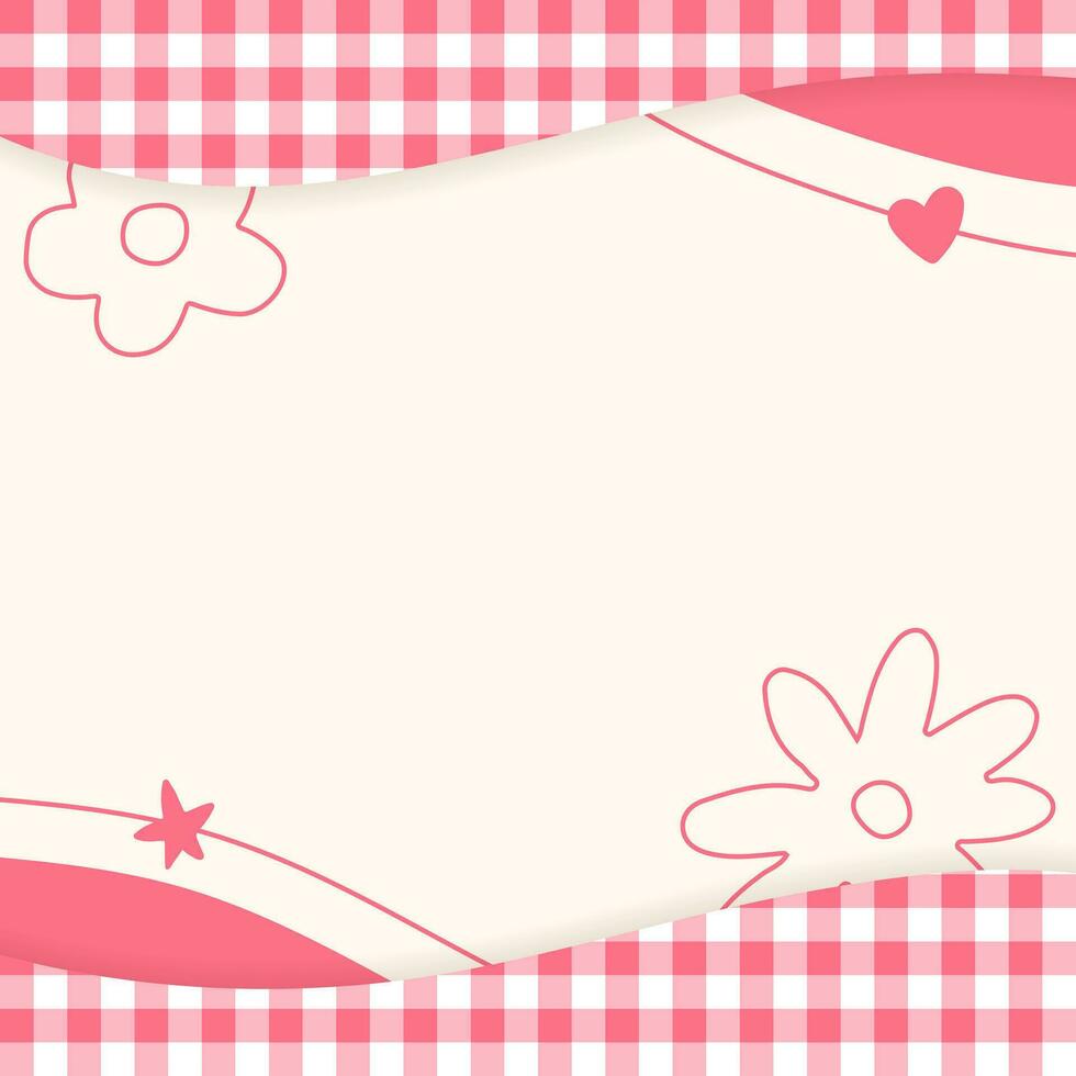 Cute Pastel Red Plaid Gingham Check Checkered with Heart Flower Star. Square Post Banner Template Frame Border Memo Sticky note Paper Background. Blank Note Copy Space Vector Illustration.