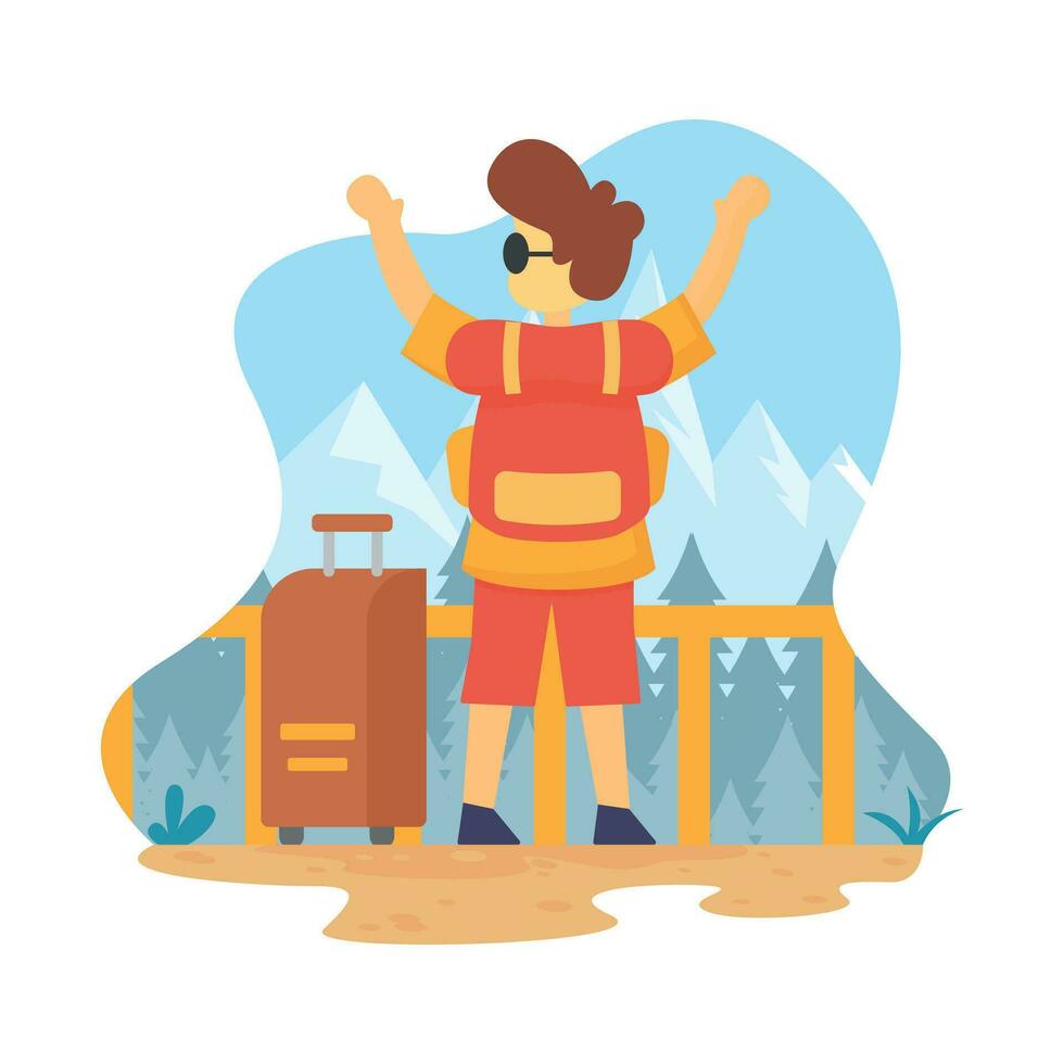 plano diseño ilustración de viaje diseño, personas subir mano con mochila y caso, montaña ver vector