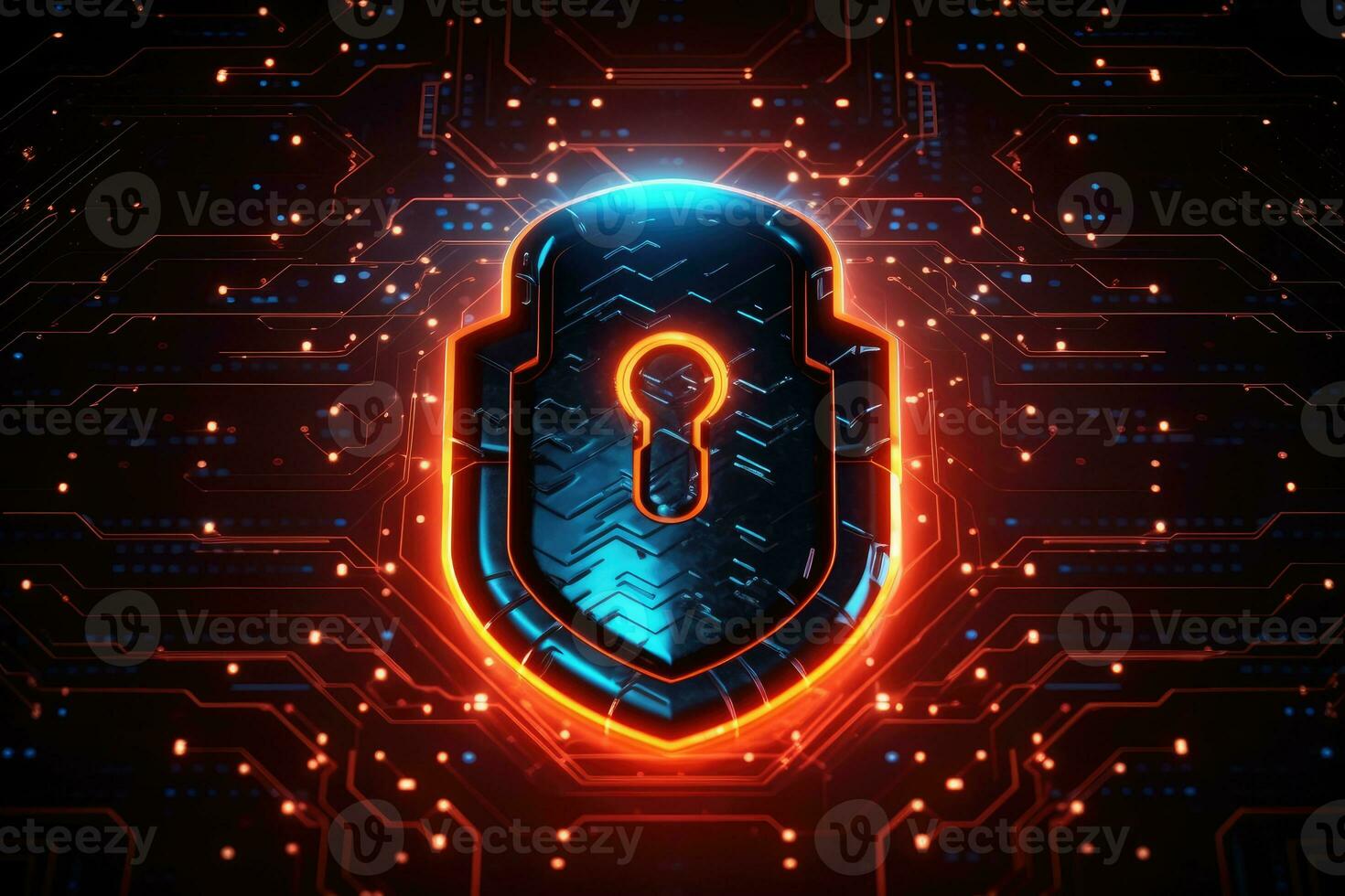 Cyber security concept. Shield padlock with keyhole on circuit board background, neon lights background photo