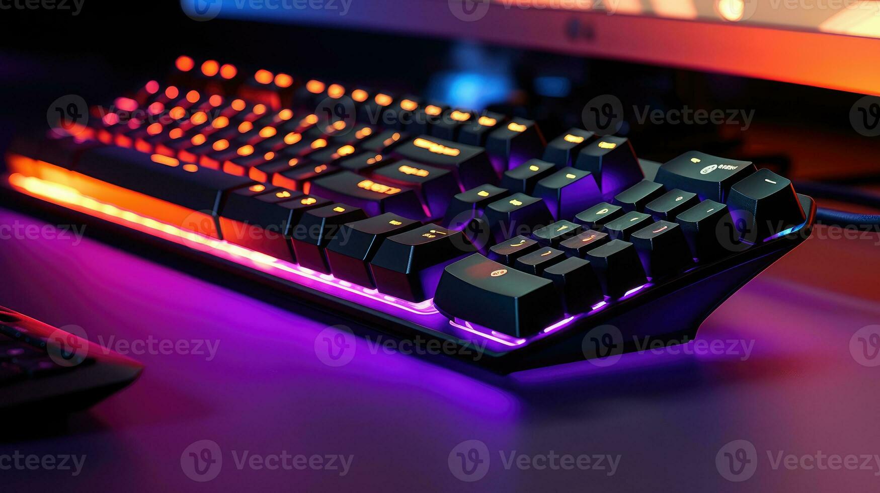 computadora teclado con neón LED luces en un oscuro antecedentes foto