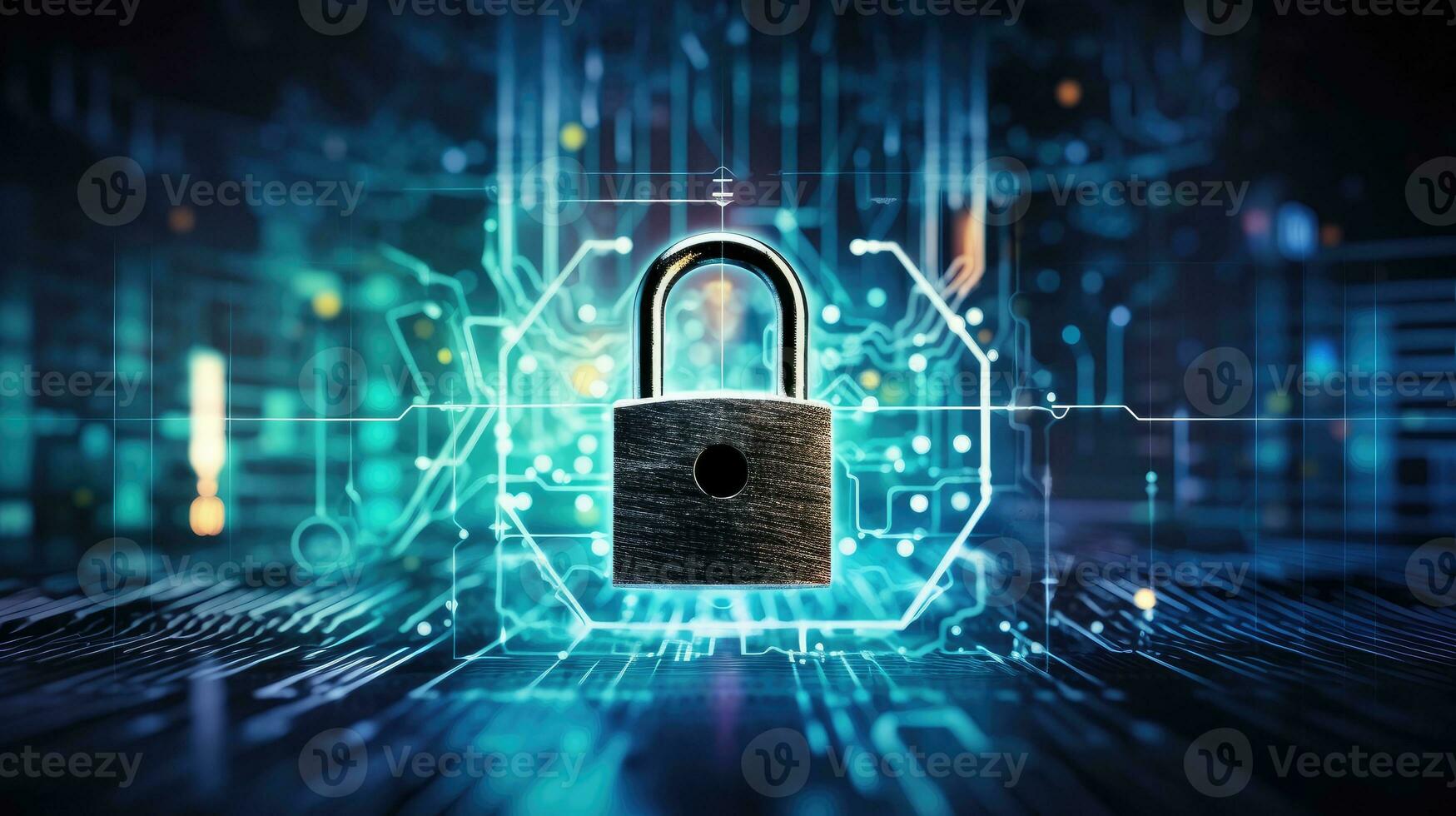 Cyber security concept with padlock on circuit background photo