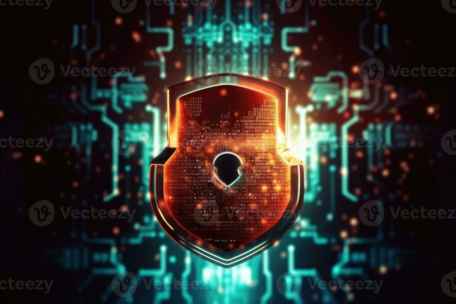 Cyber security concept. Shield padlock with keyhole on circuit board background, neon lights background photo