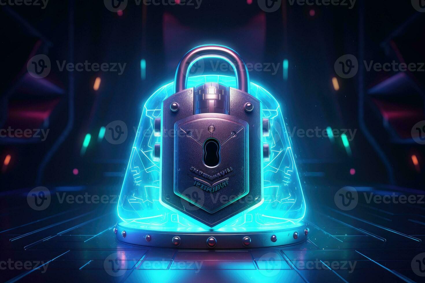 Cyber security concept. Shield padlock with keyhole on circuit board background, neon lights background photo