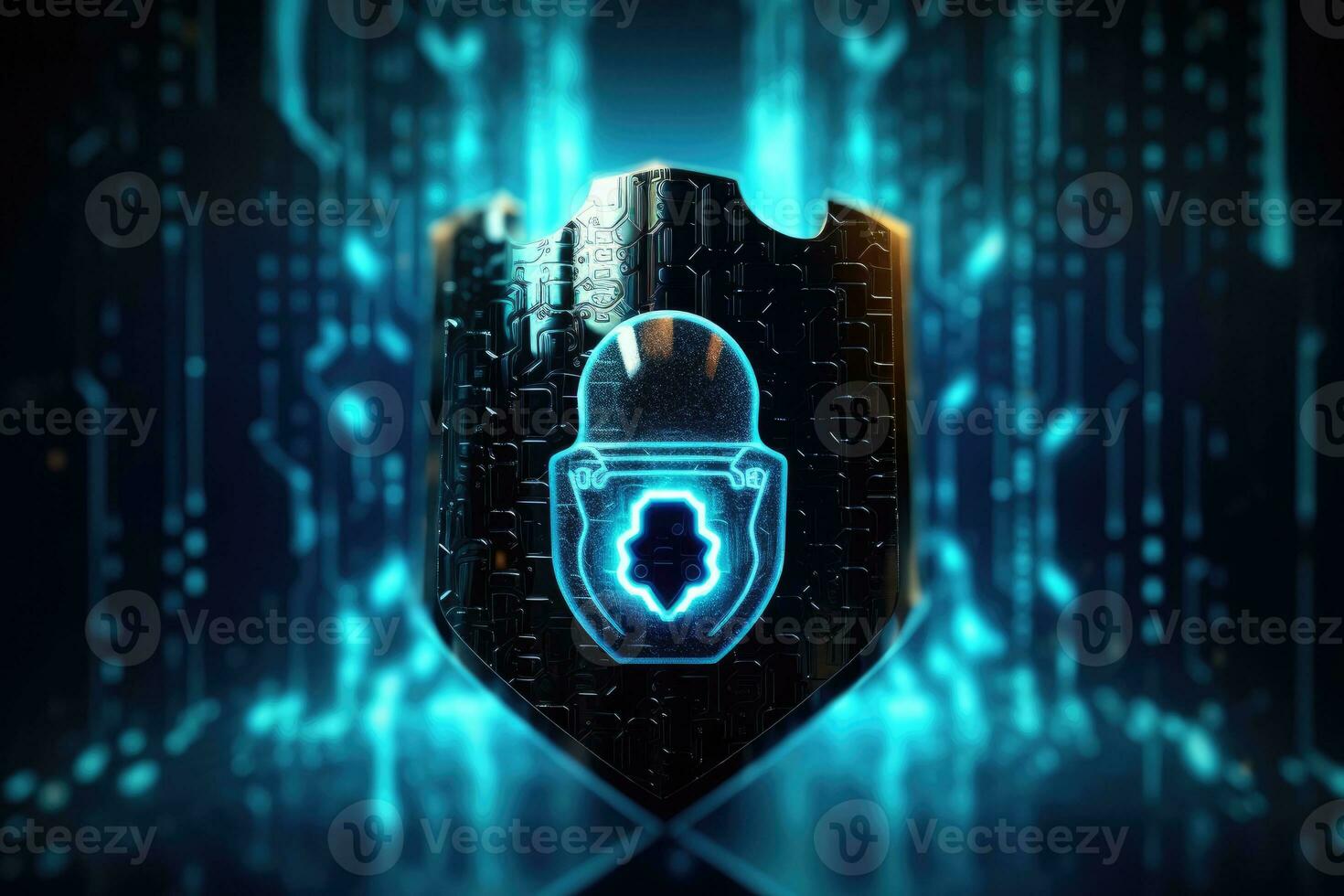 Cyber security concept. Shield padlock with keyhole on circuit board background, neon lights background photo