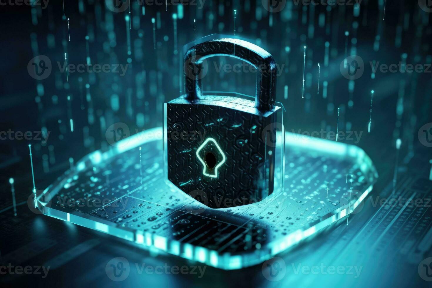 Cyber security concept. Shield padlock with keyhole on circuit board background, neon lights background photo