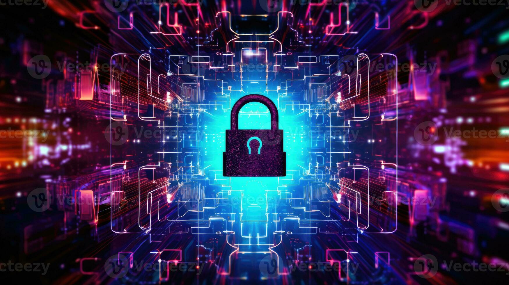 Cyber security concept with padlock on circuit background photo