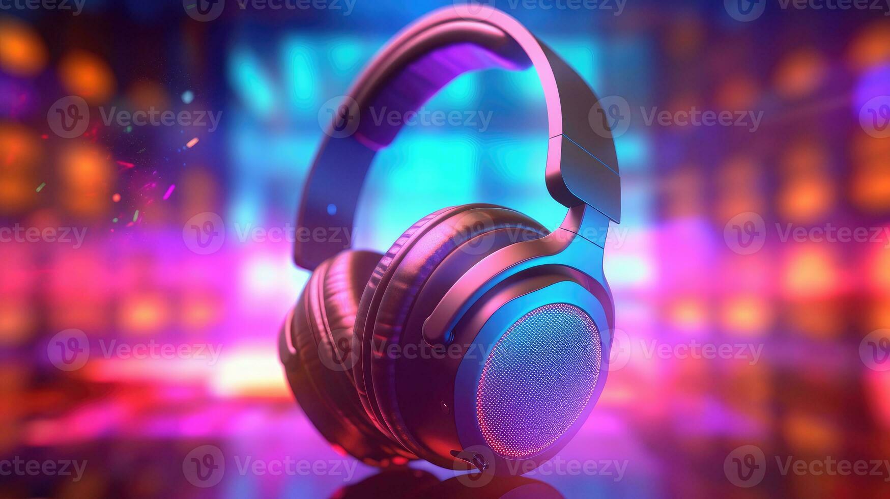 headphones on colorful background with bokeh lights photo