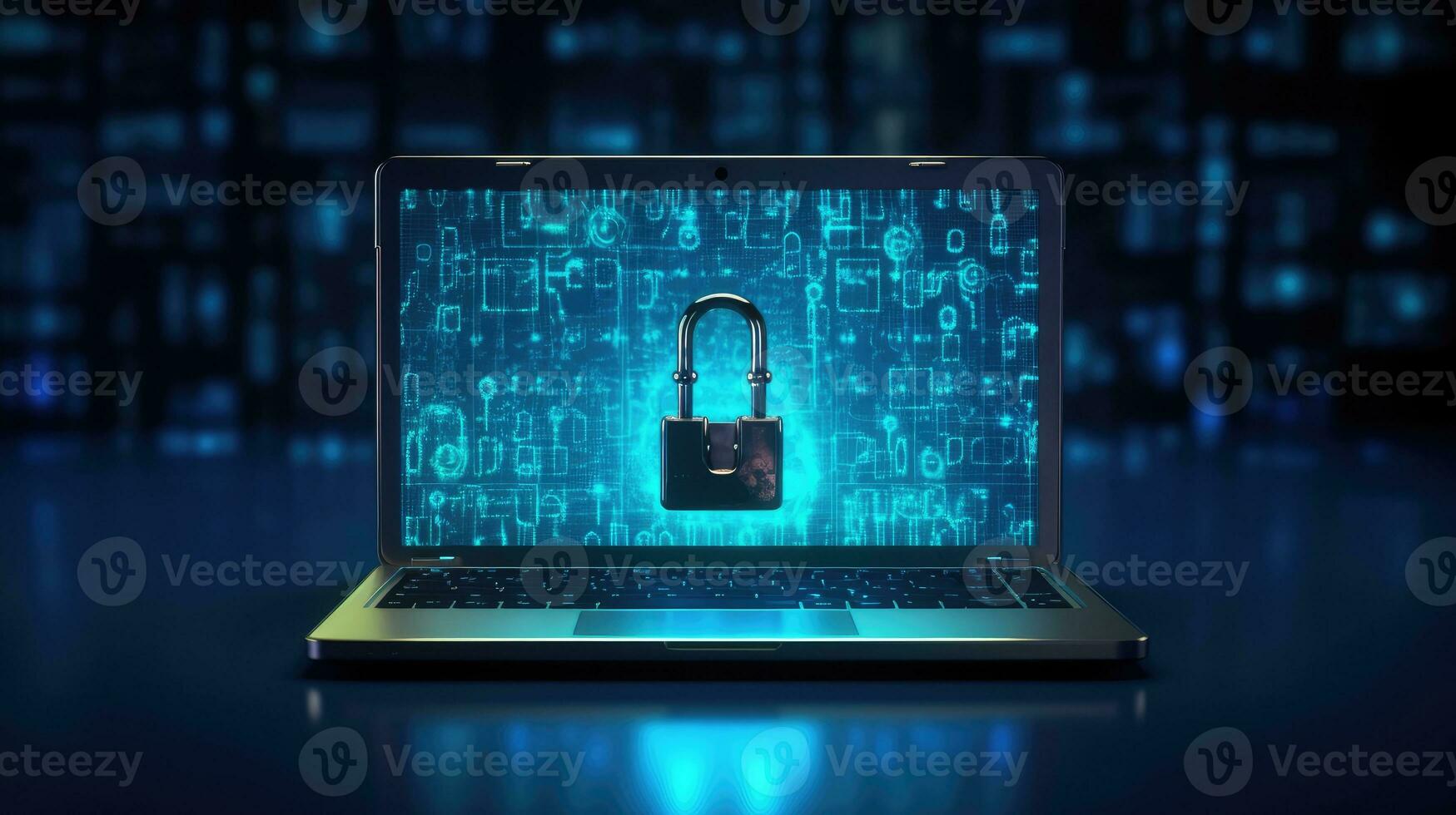 Cyber security concept. Closed padlock on laptop screen photo