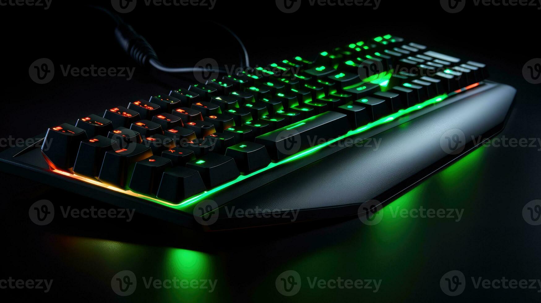 computadora teclado con neón LED luces en un oscuro antecedentes foto