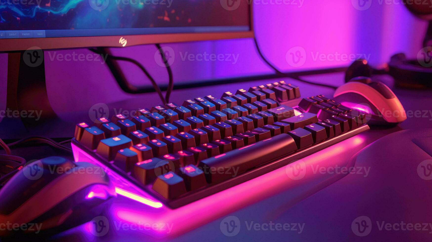 Computer keyboard with neon led lights on a dark background photo