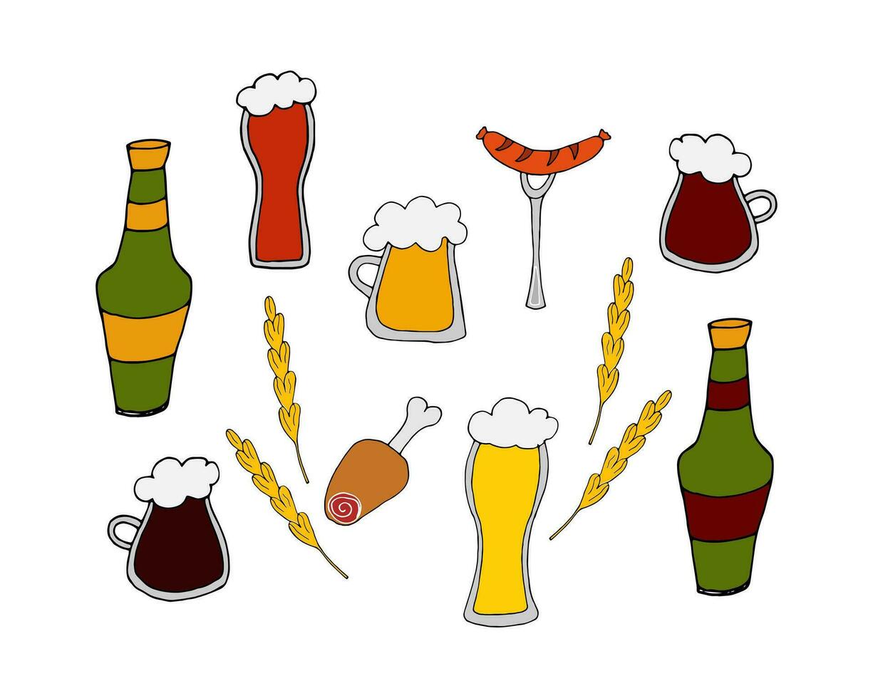 vector doodle illustration - set of different types of beer in mugs, glasses and bottles with snacks. Oktoberfest Beer Festival