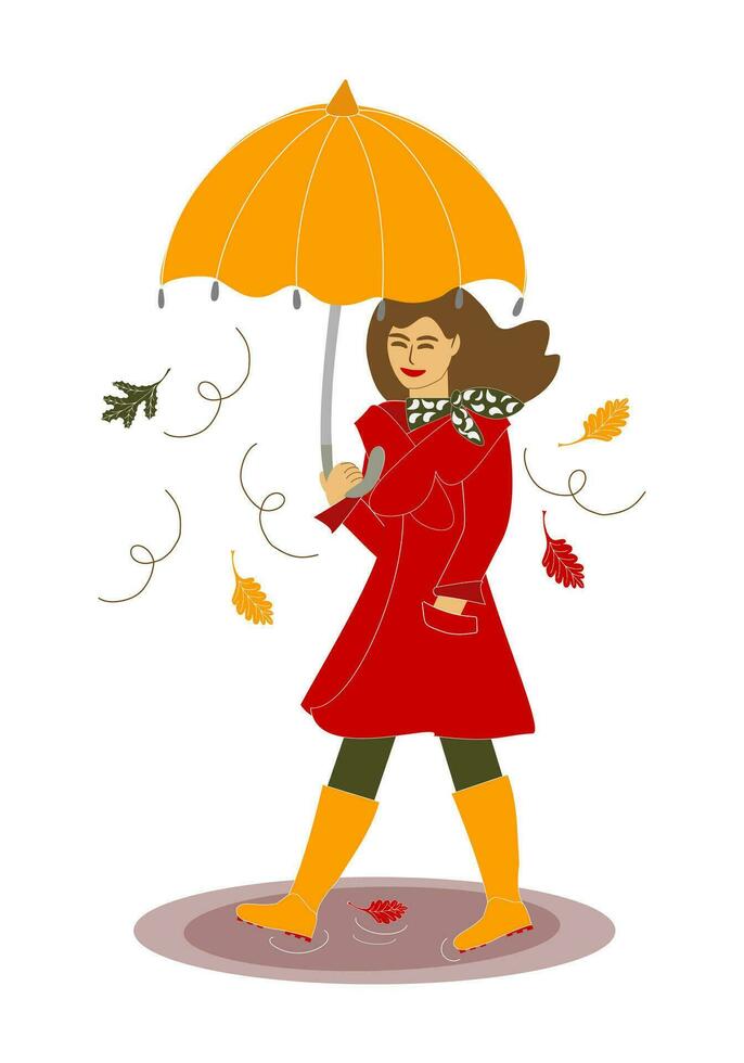 A young woman in a coat and boots walks through the puddles with an umbrella on an autumn rainy and windy day. Vector illustration