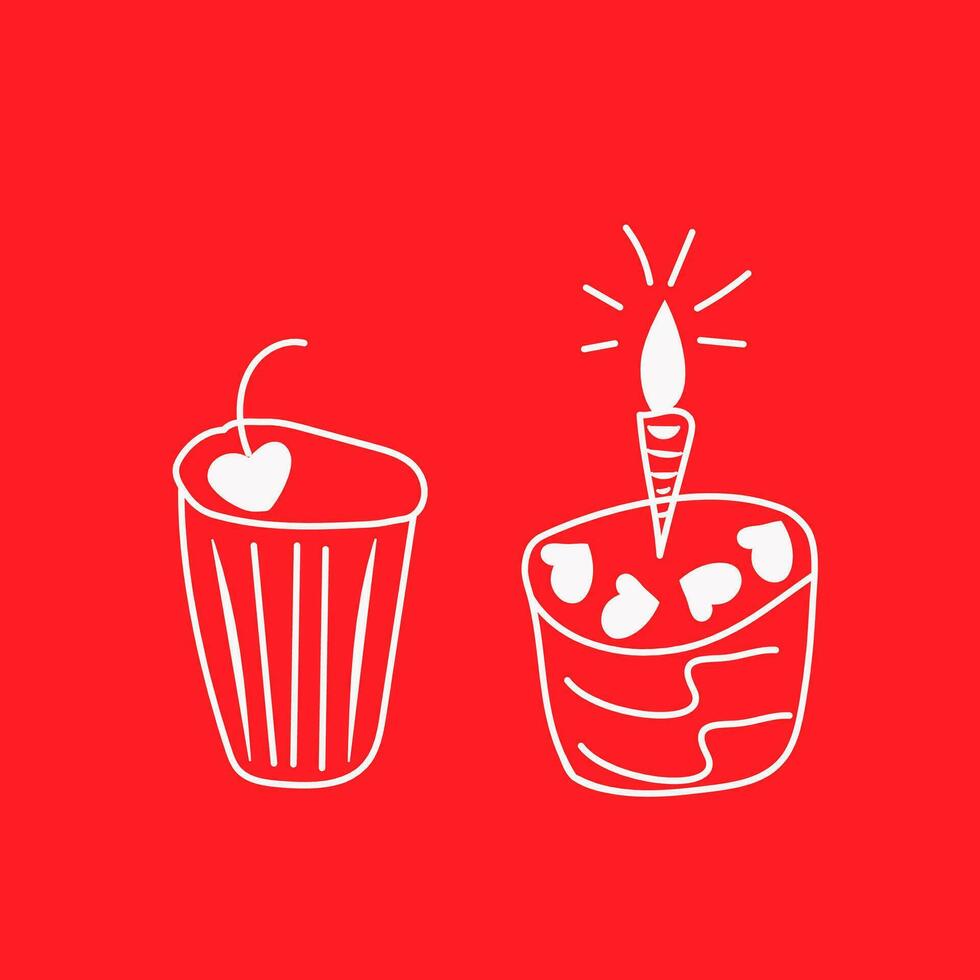 vector illustration doodle white outline muffin and cupcake with candle for birthday party on red background. Design for web design, packaging, postcards, flyers, labels