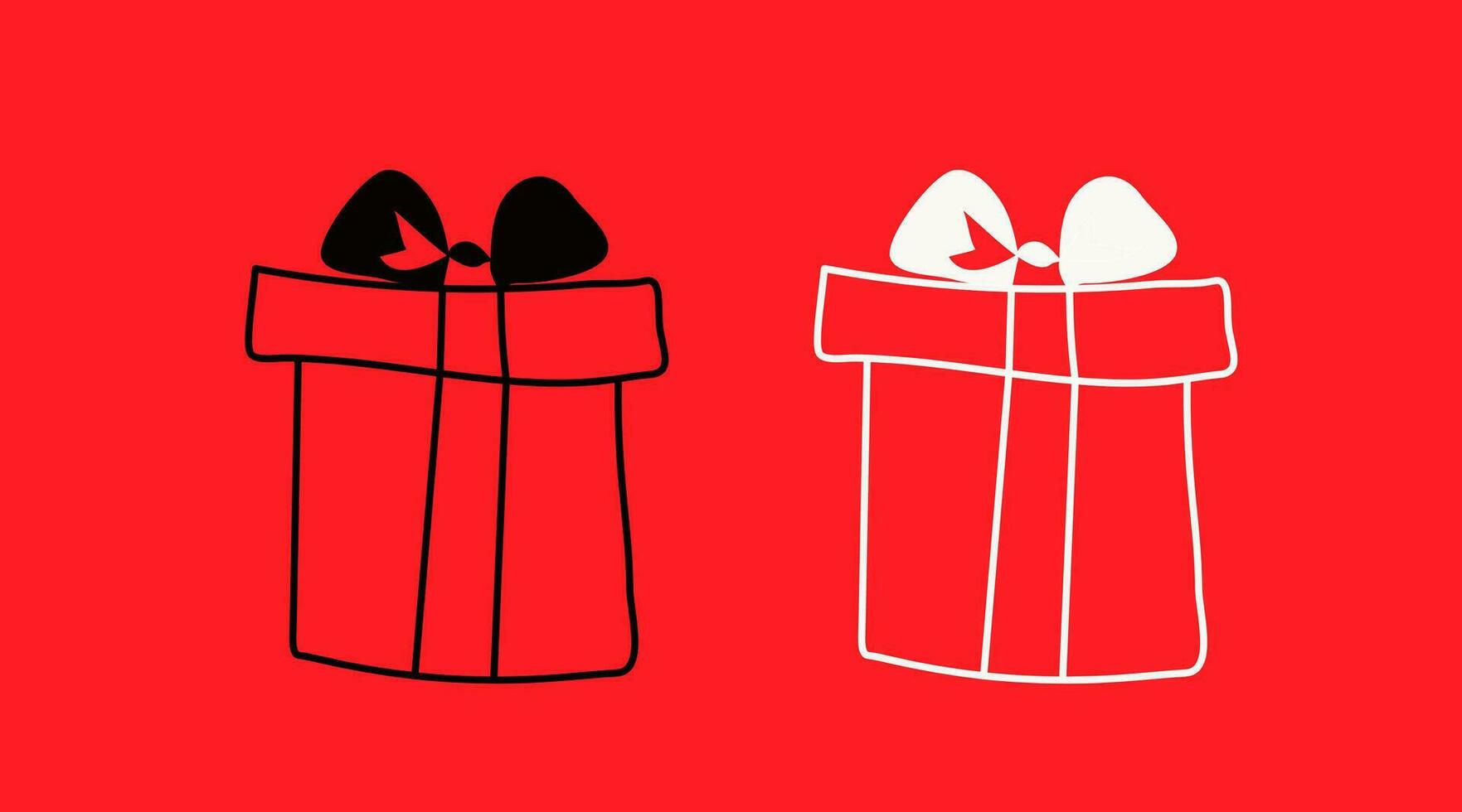 vector illustration doodle outline black and white gift box with bow on red background. Decor for birthday, Christmas, wedding, Valentine's Day. for packaging, web design, postcards, labels